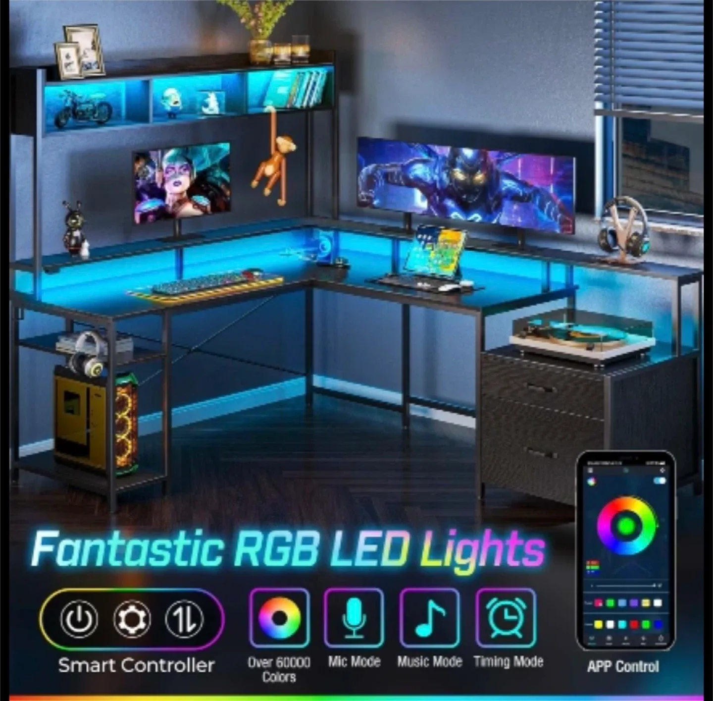 Black L-Shaped Desk with Shelves - 99.2 Inch