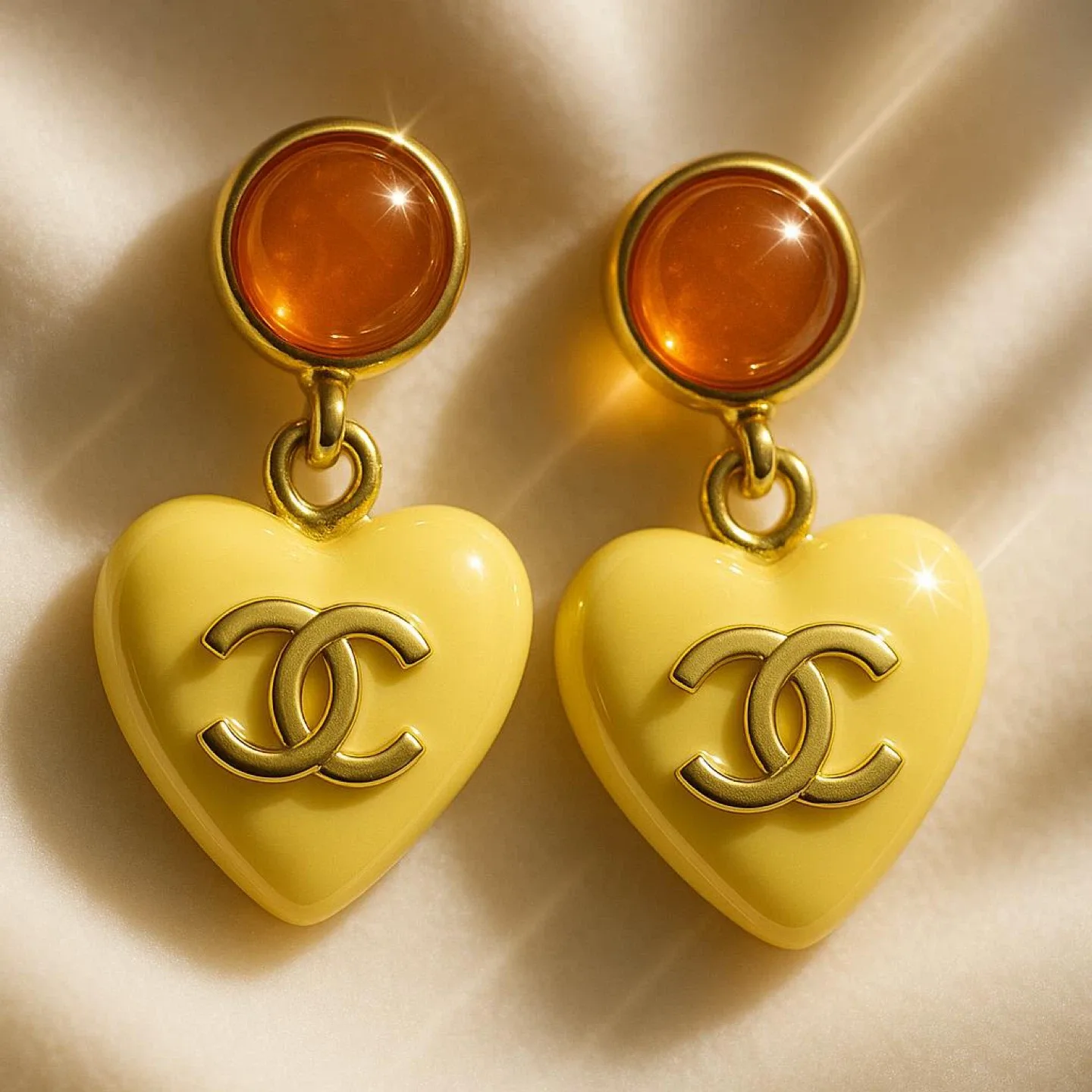 Chanel Heart Drop Earrings - Yellow & Gold