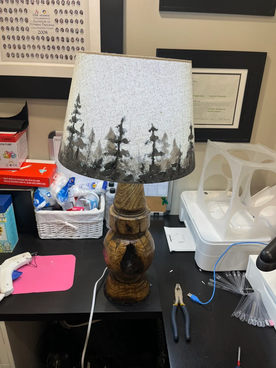 Wood Table Lamp with Forest Shade