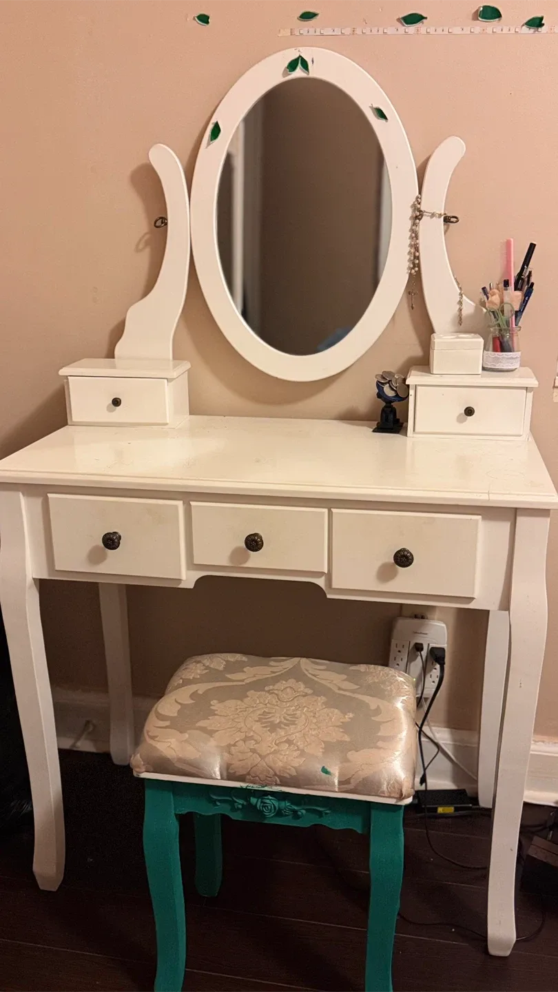 White Vanity Table with Mirror & Stool image indicator(2)