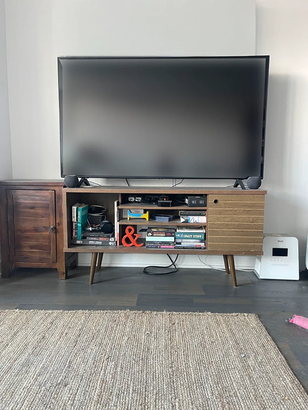 Mid-Century Modern Media Console – Walnut Finish.