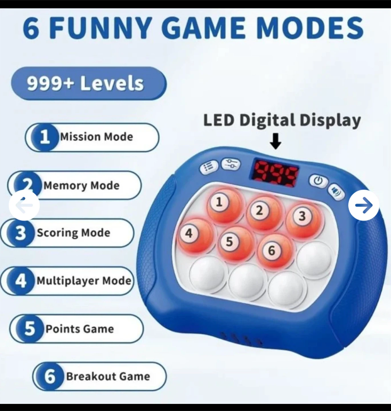 Pop Game Fidget Toy, 6 Modes LED, Kids Blue - photo 4