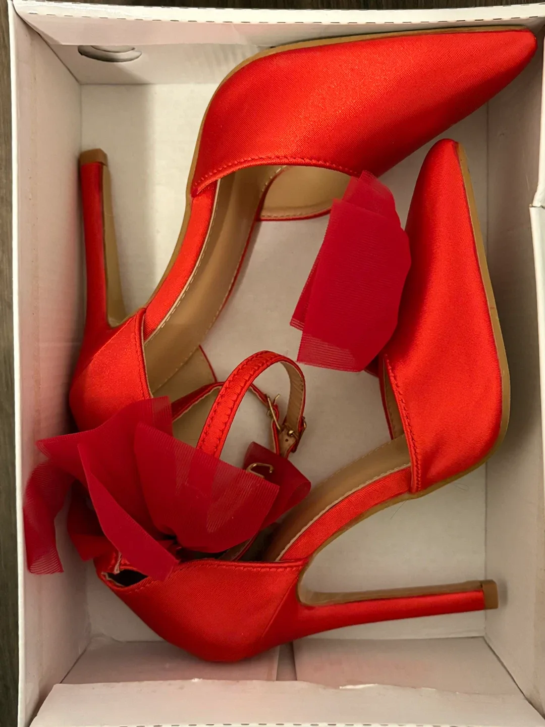 Red Satin Heels with Bow – Size 6