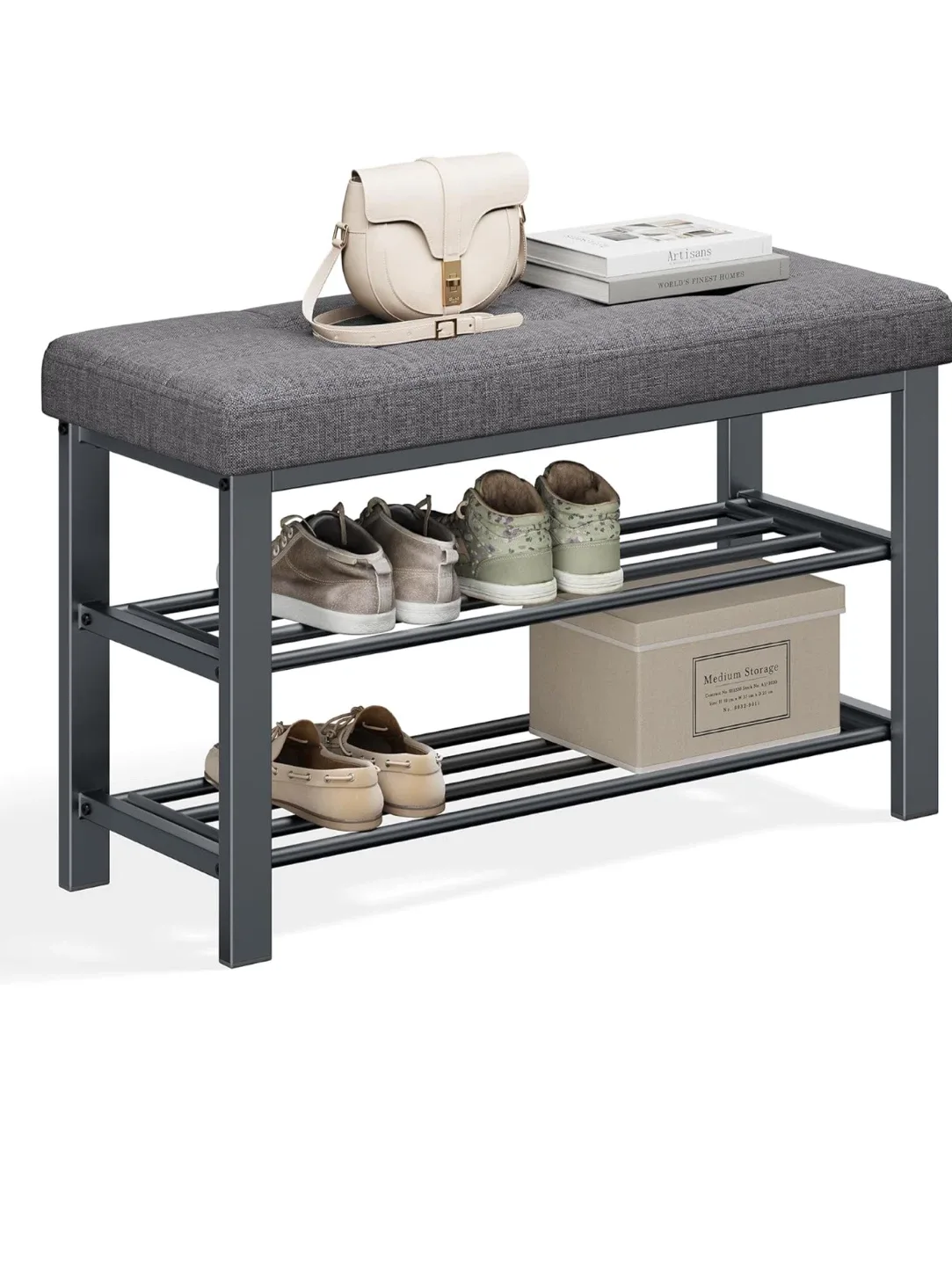 Grey Upholstered Entryway Bench with Shoe Rack image indicator(2)