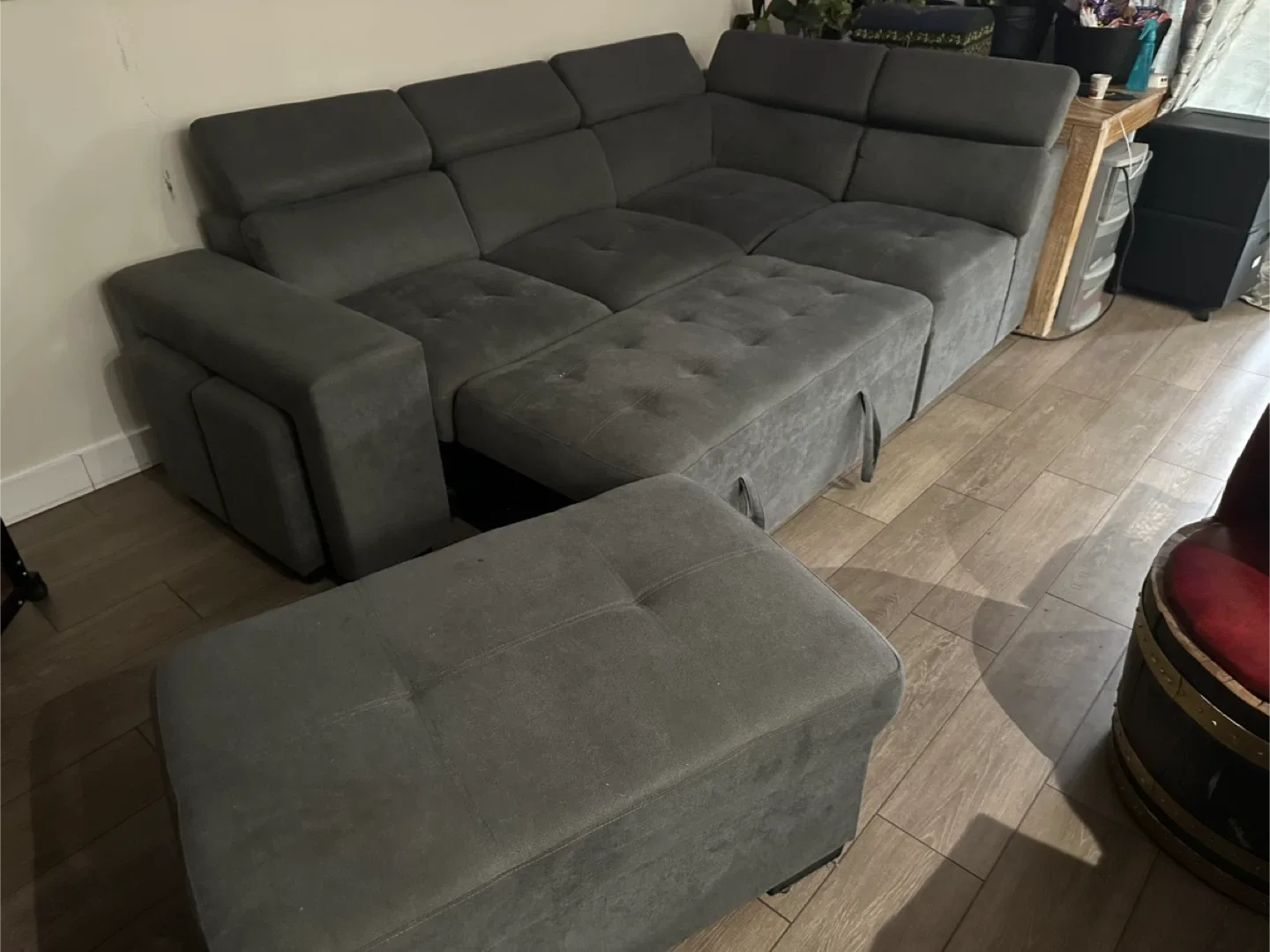 Grey Sectional Sleeper Sofa/Couch with Ottoman