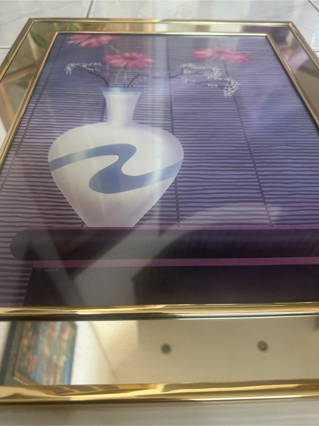 Vintage Framed Floral Vase Print with Gold Mirror Frame 80’s image indicator(5)