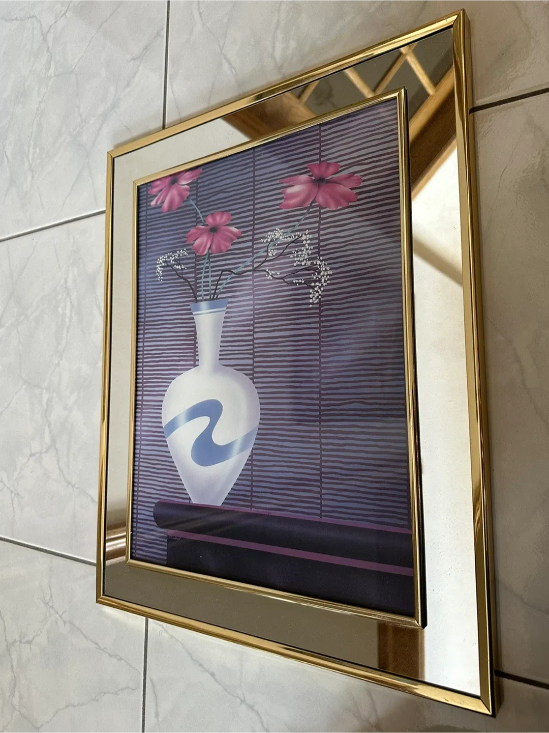 Vintage Framed Floral Vase Print with Gold Mirror Frame 80’s image indicator(6)