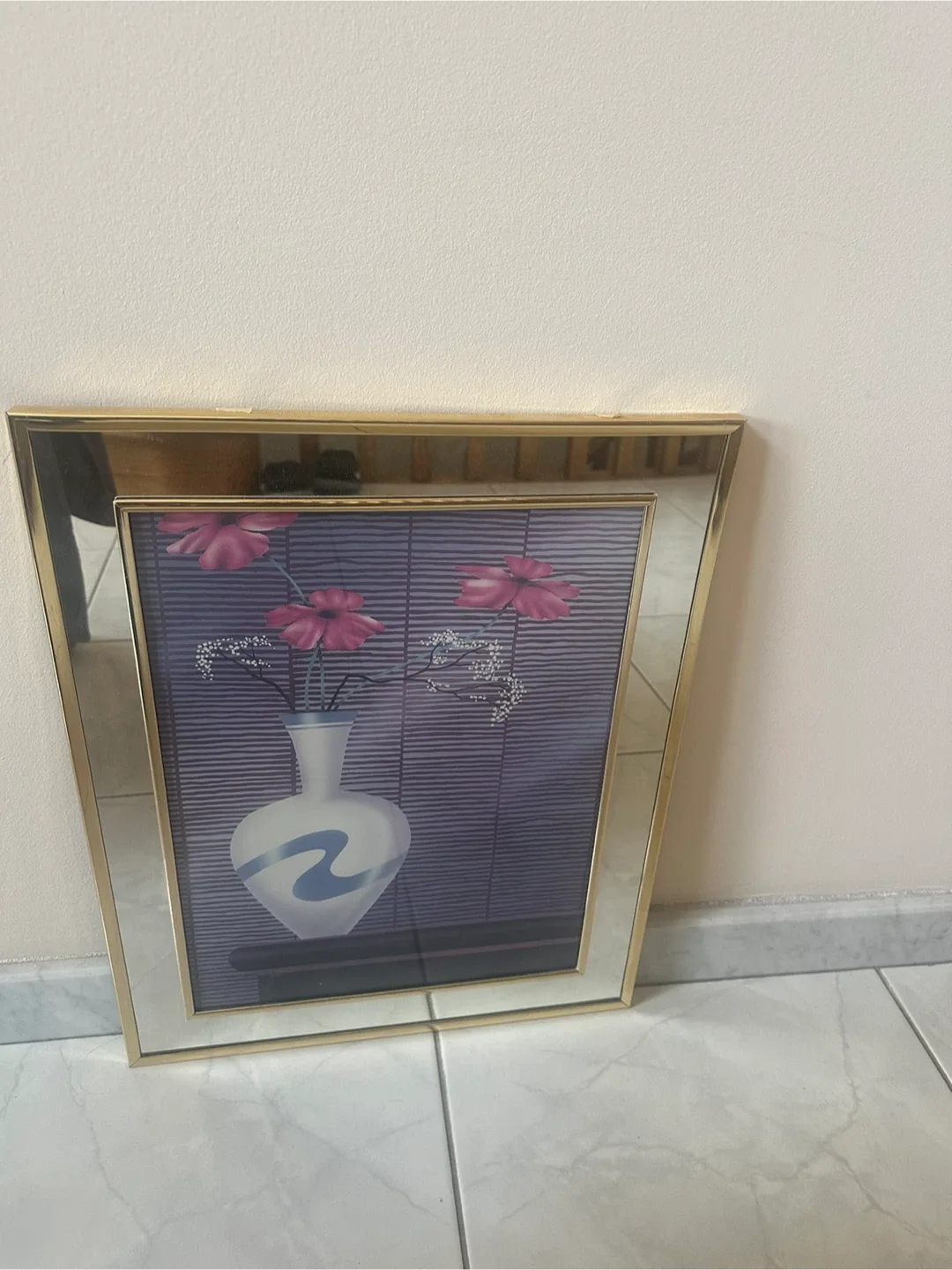 Vintage Framed Floral Vase Print with Gold Mirror Frame 80’s image indicator(2)