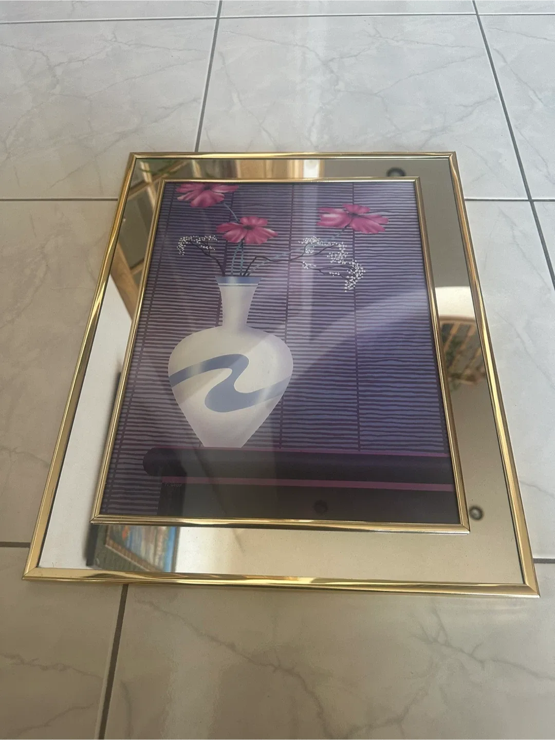Vintage Framed Floral Vase Print with Gold Mirror Frame 80’s