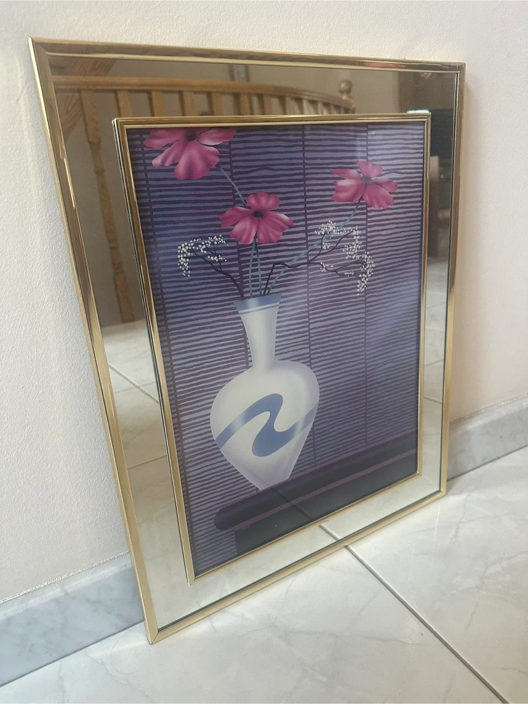 Vintage Framed Floral Vase Print with Gold Mirror Frame 80’s image indicator(3)