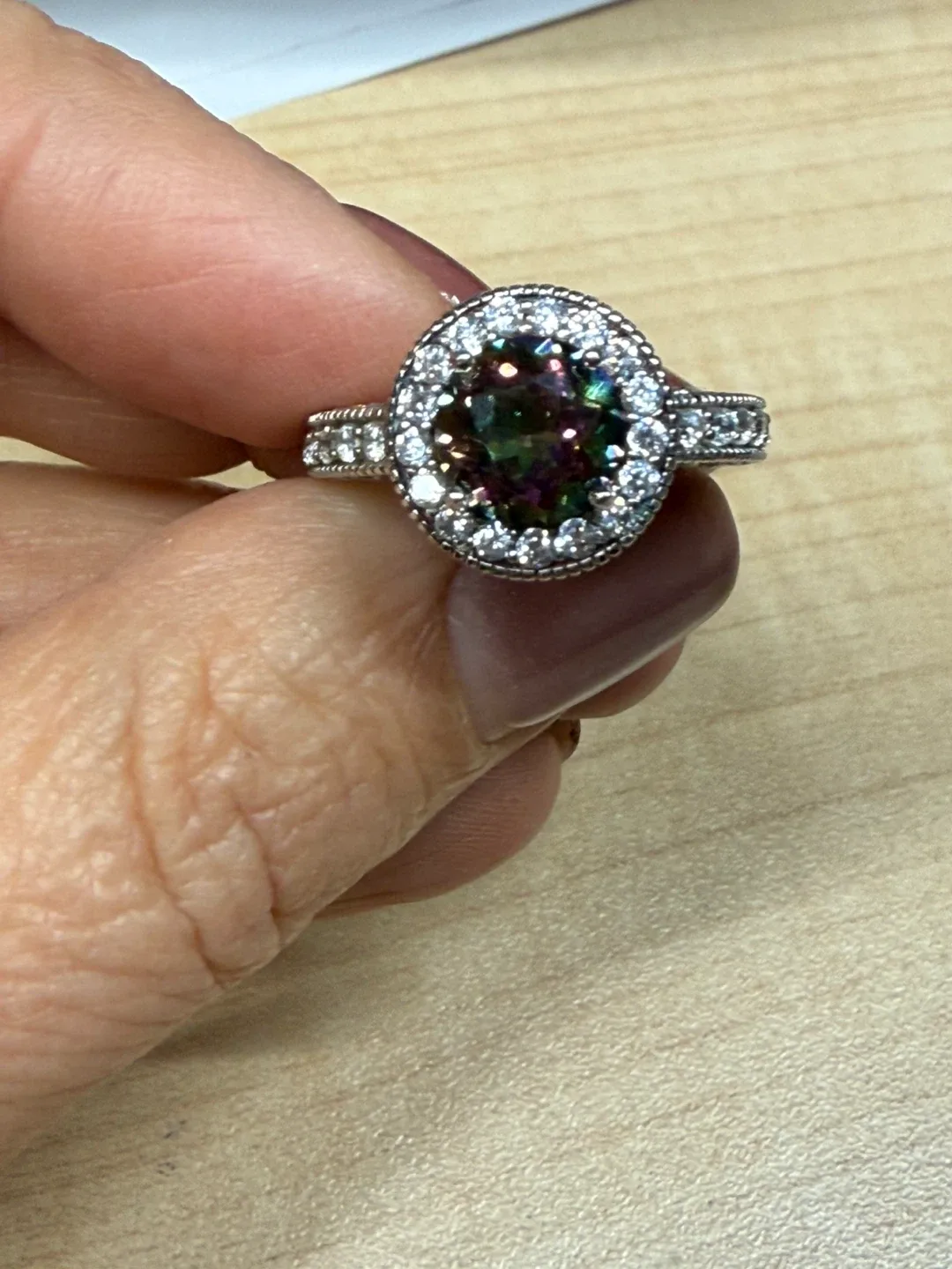 925 Silver halo ring with Mystic Topaz and crystals image indicator(2)