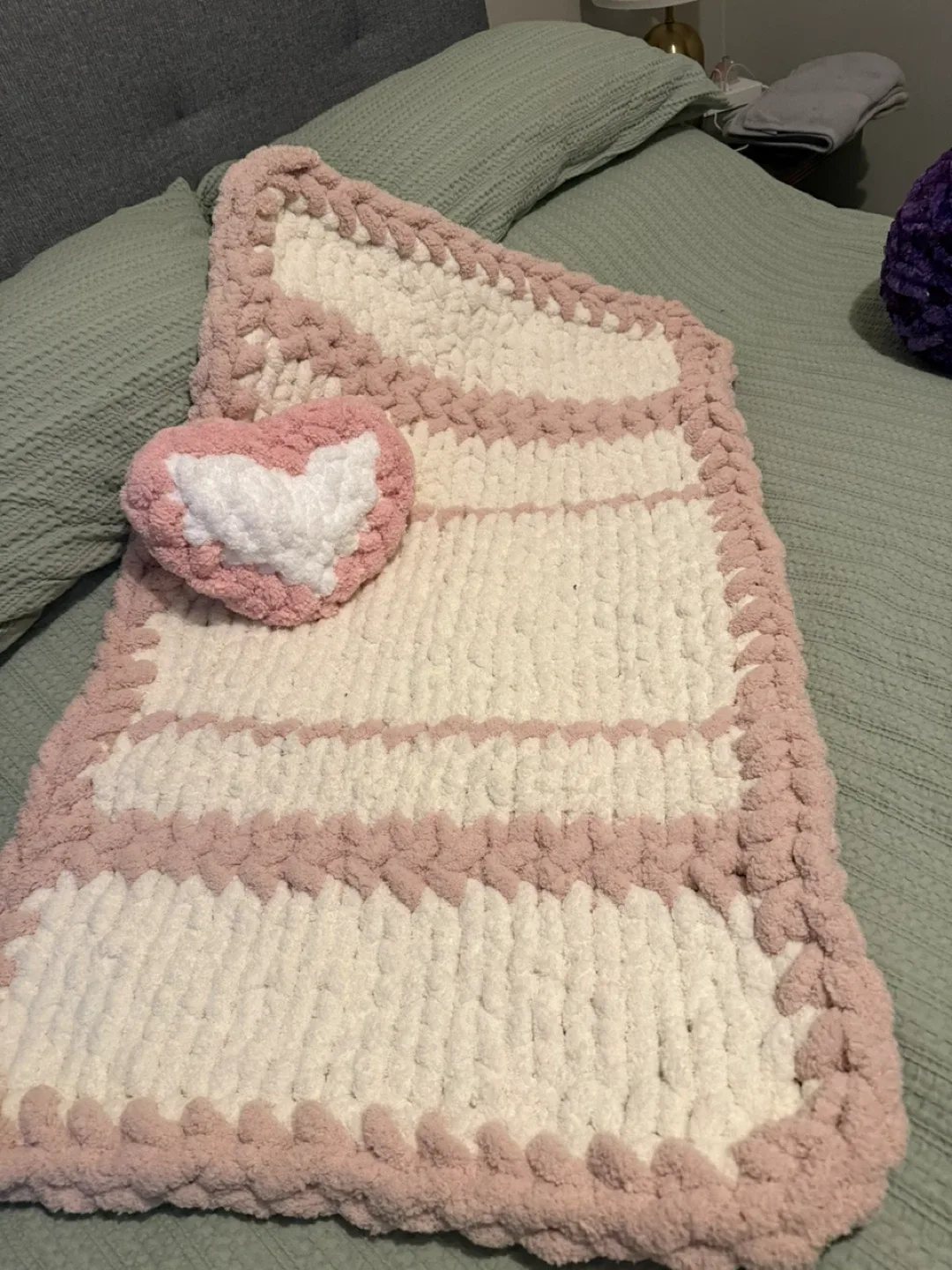 Handmade Chunky Knit Baby Blanket - Pink & White