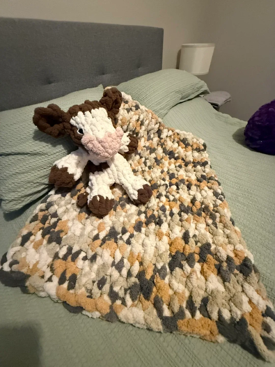 Handmade Chunky Knit Cow Plushie & Blanket Set