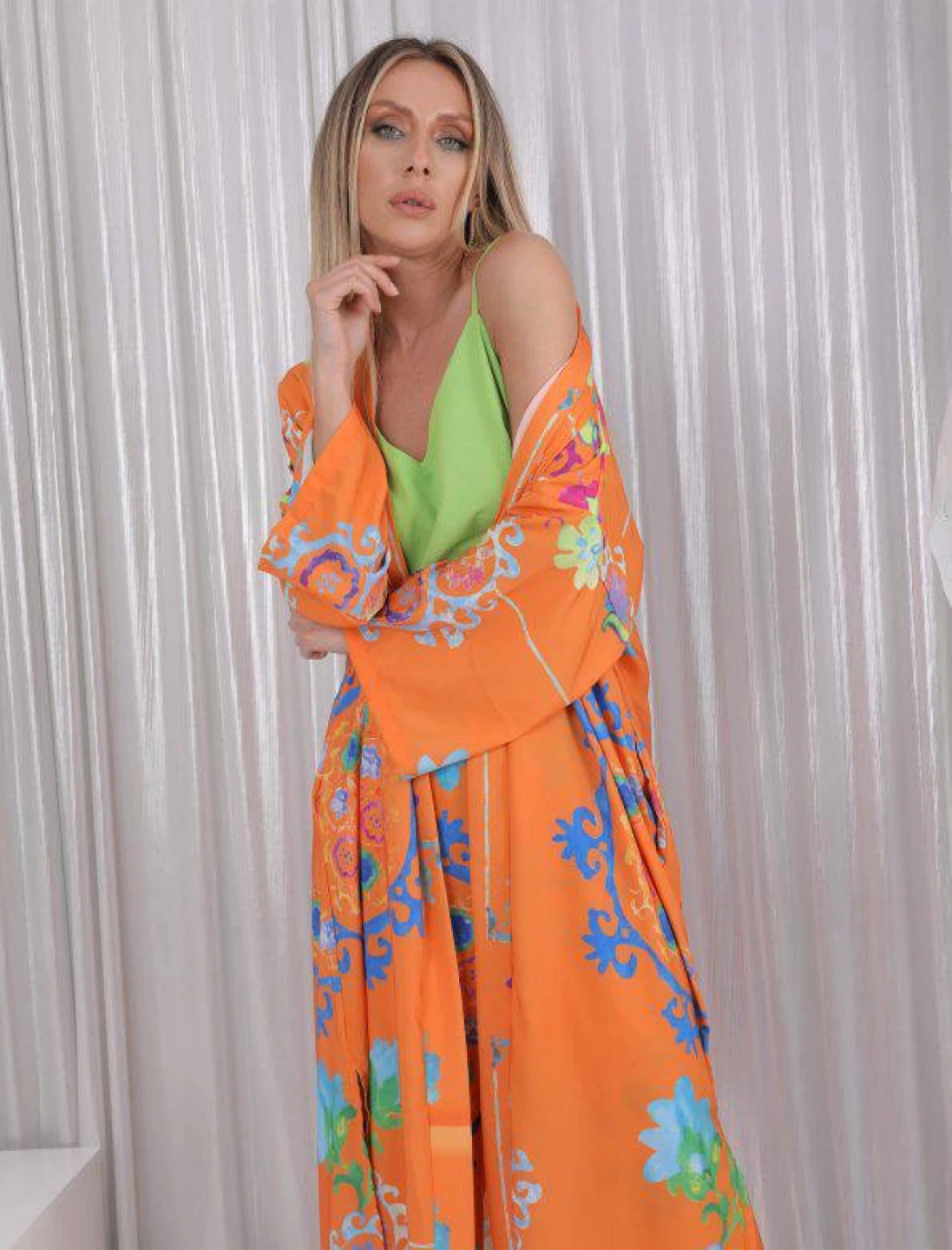 Orange Floral Print Kimono & Pants Set