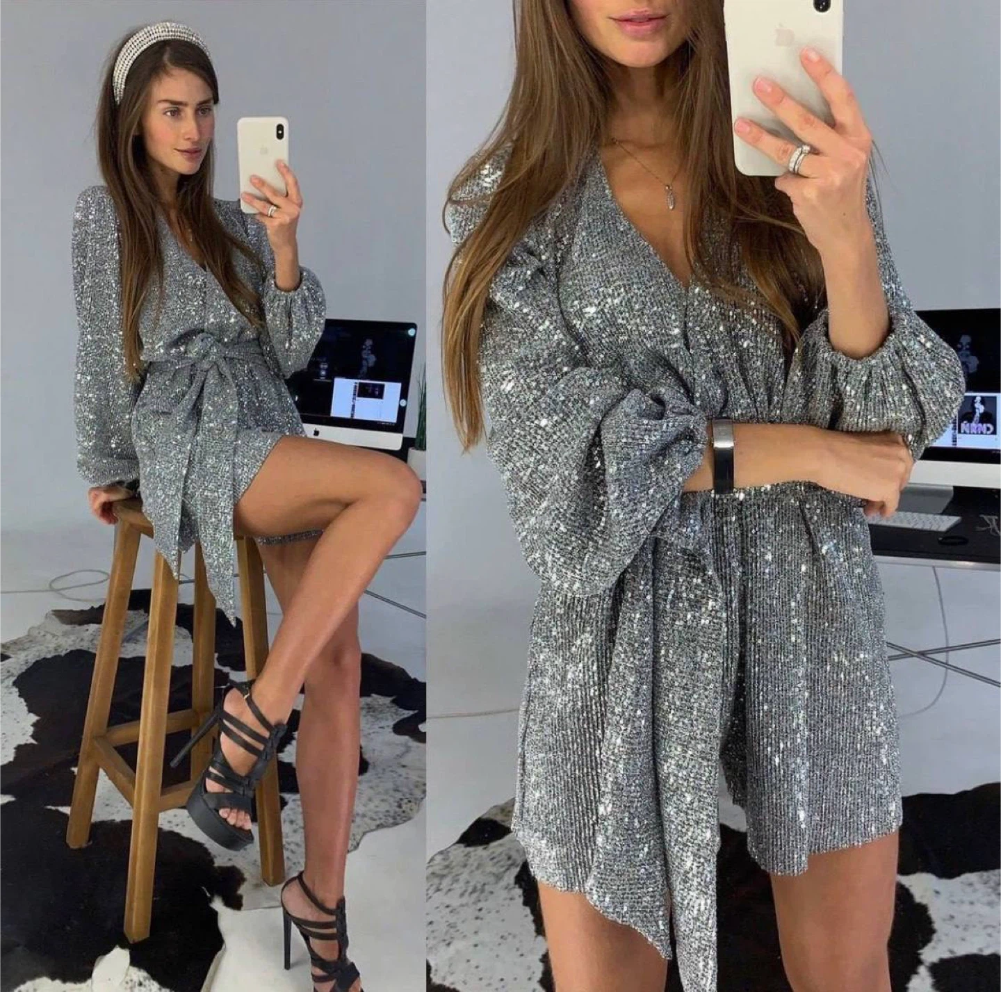 Sequin Romper with Tie Waist - photo 2
