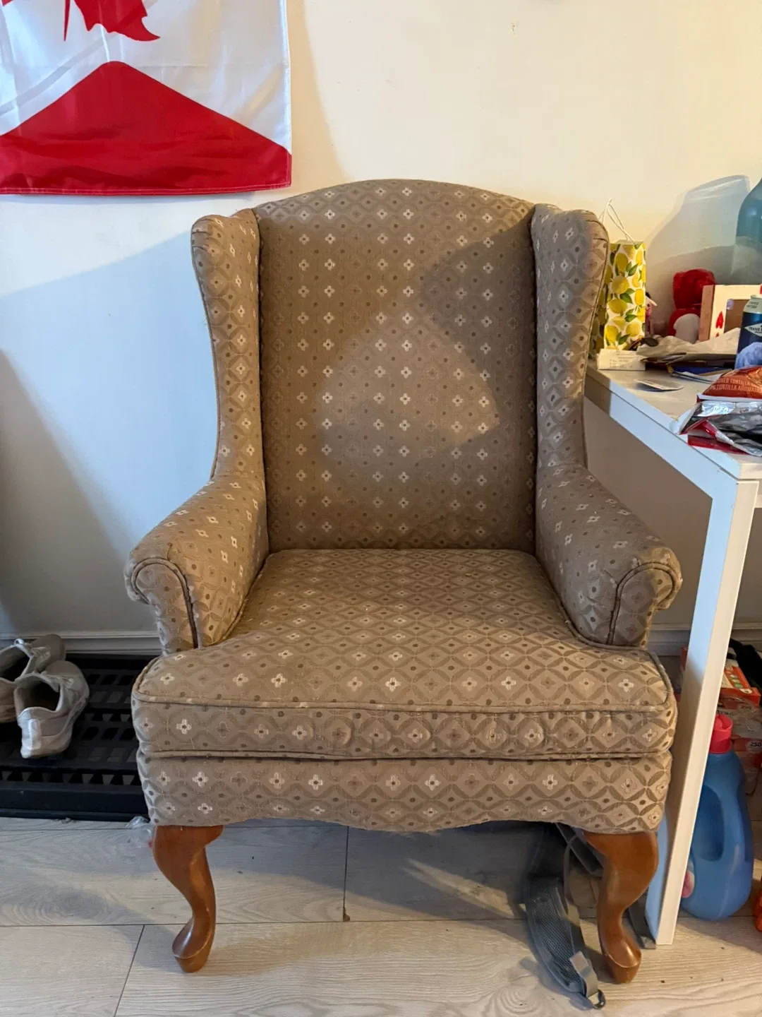 Wingback Armchair - Beige Patterned Fabric