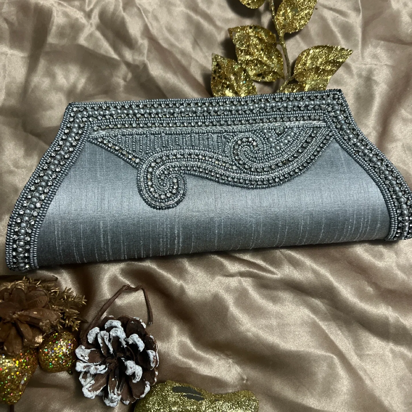 Silver Beaded Evening Clutch