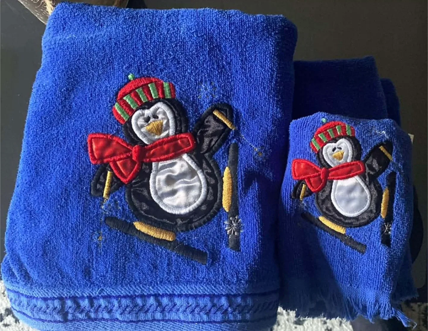 Blue Penguin Embroidered Towel Set