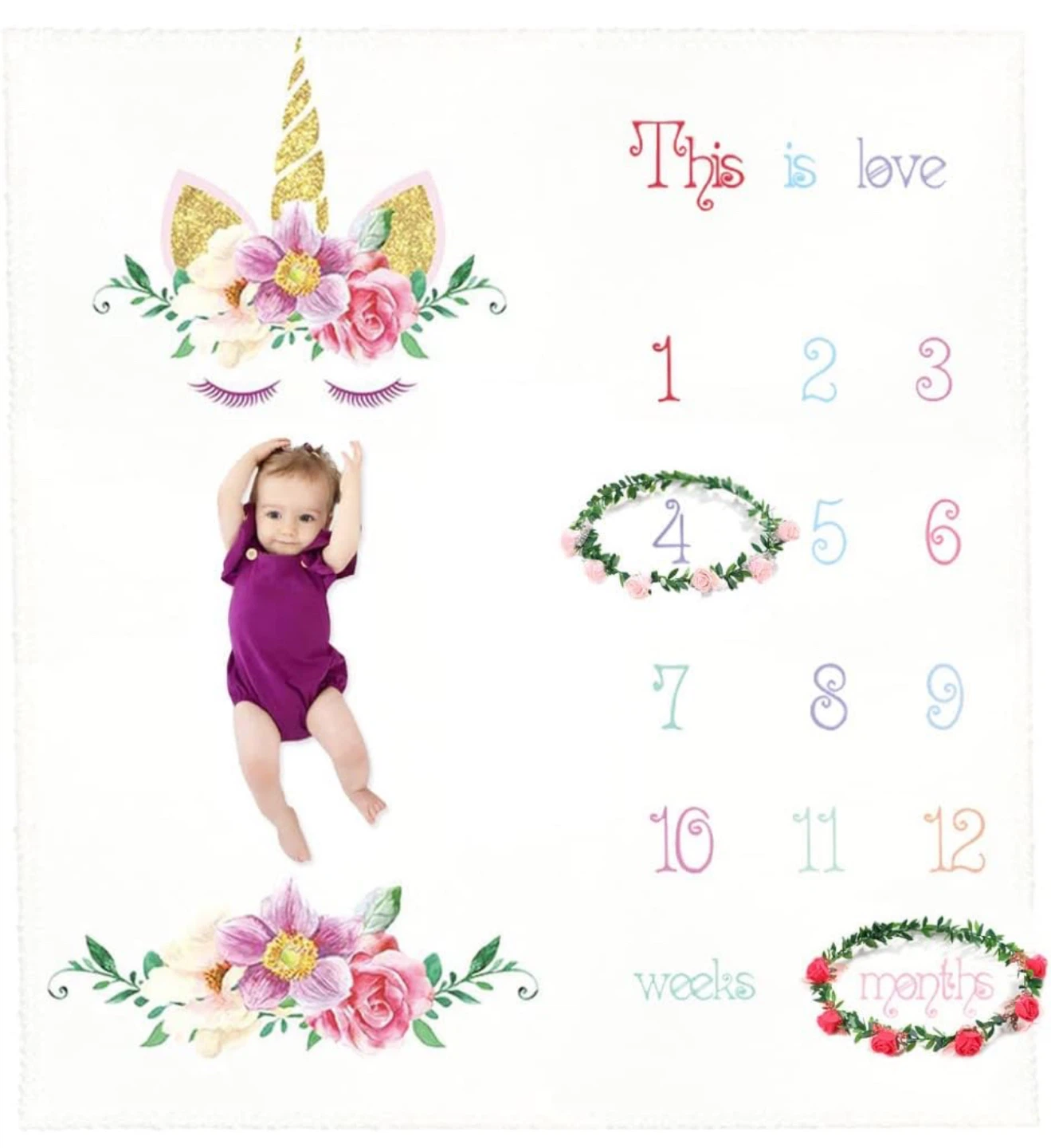 Unicorn Baby Milestone Blanket with Wreaths
