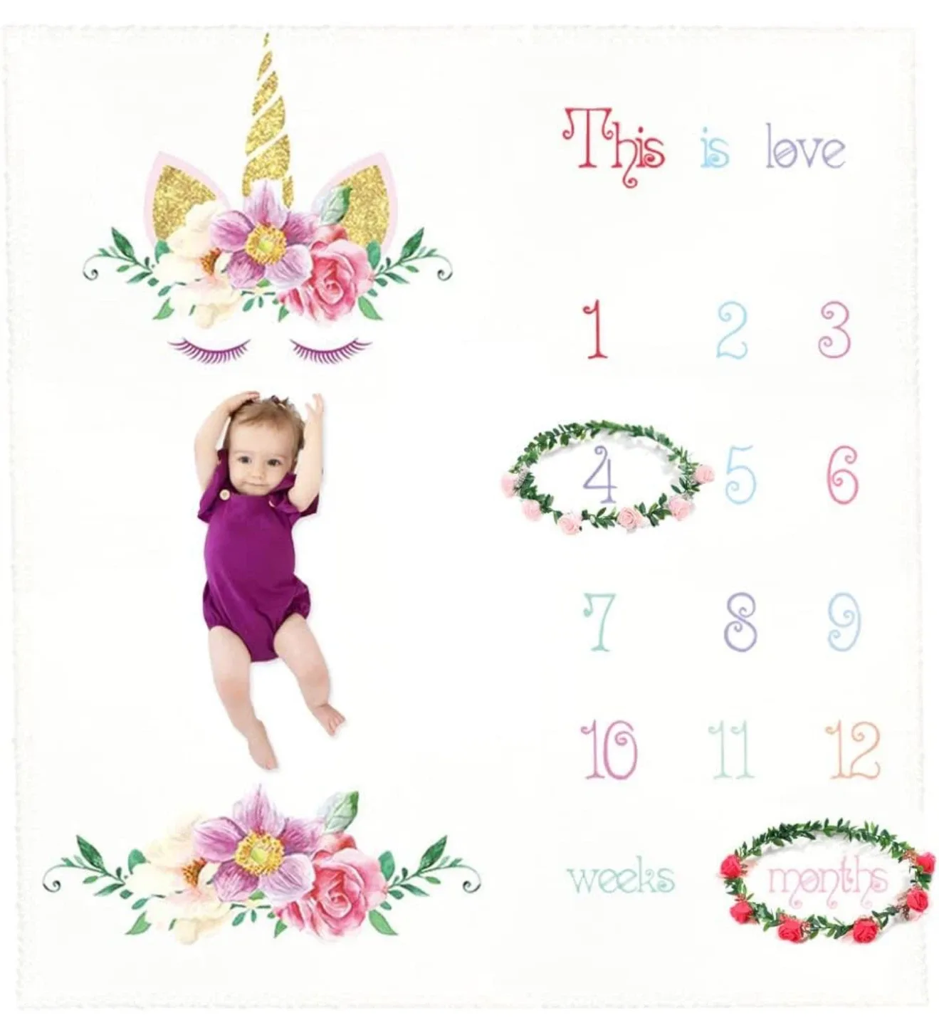 Unicorn Baby Milestone Blanket with Wreaths