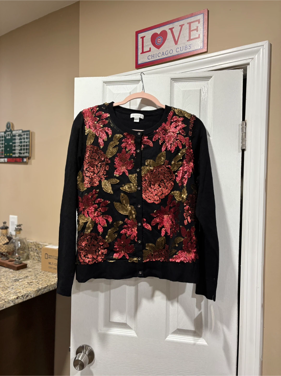 Charter Club Black Sequined Cardigan Size L