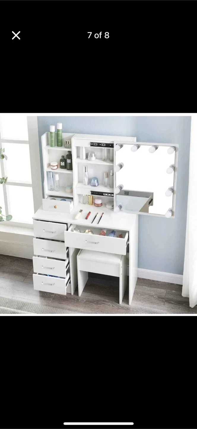 Vanity Makeup Table Set with Lighted Mirror - White