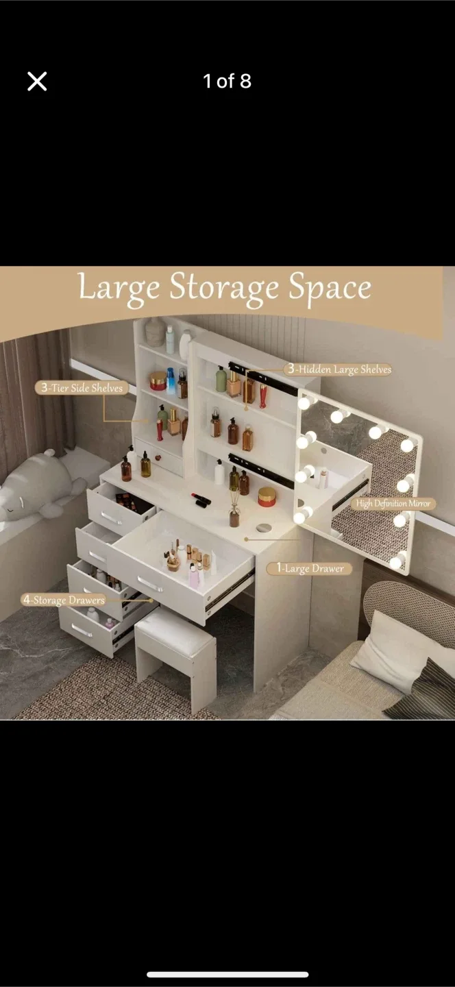 Vanity Makeup Table Set with Lighted Mirror - White image indicator(8)