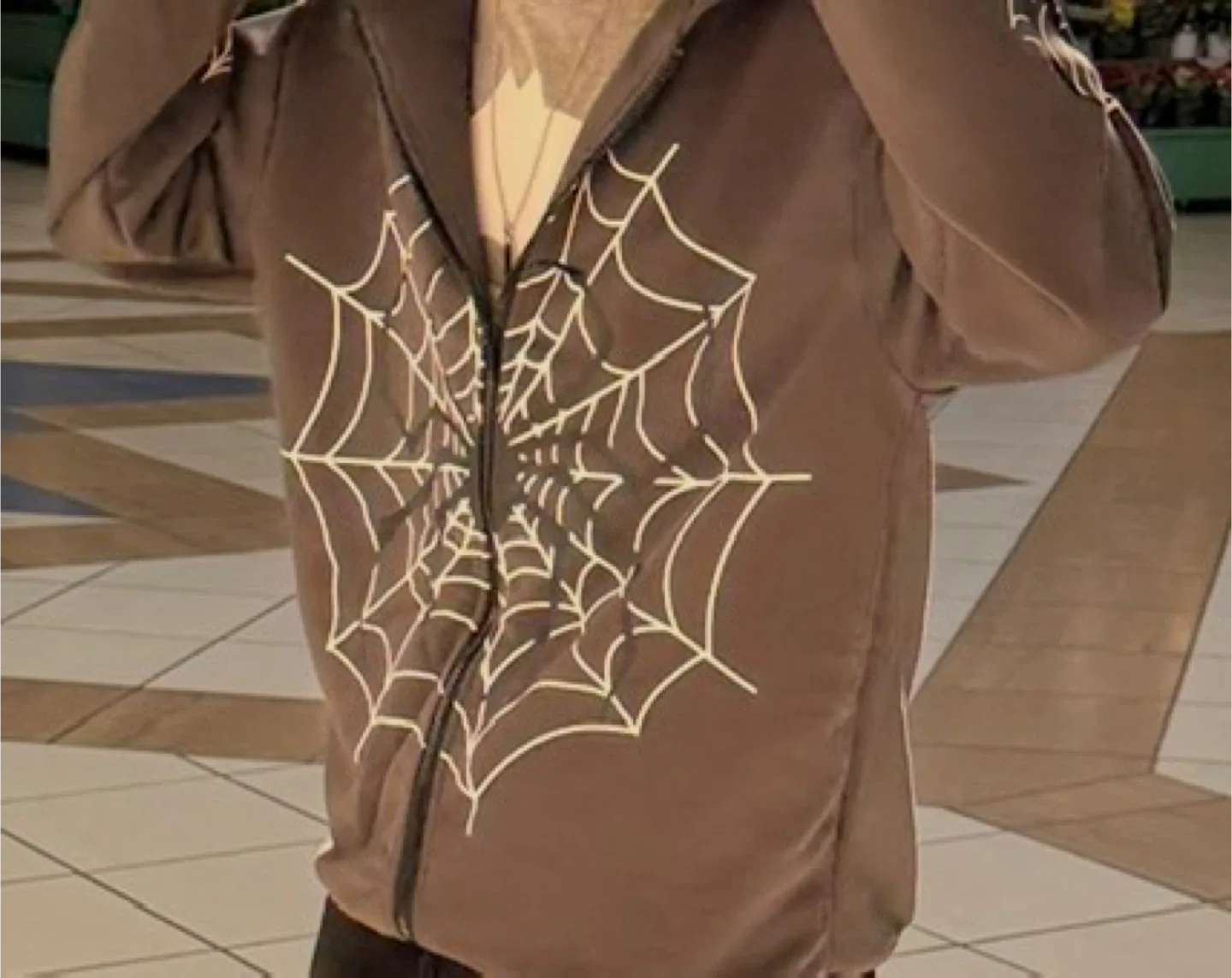 Brown Zip-Up Hoodie with Spiderweb Design