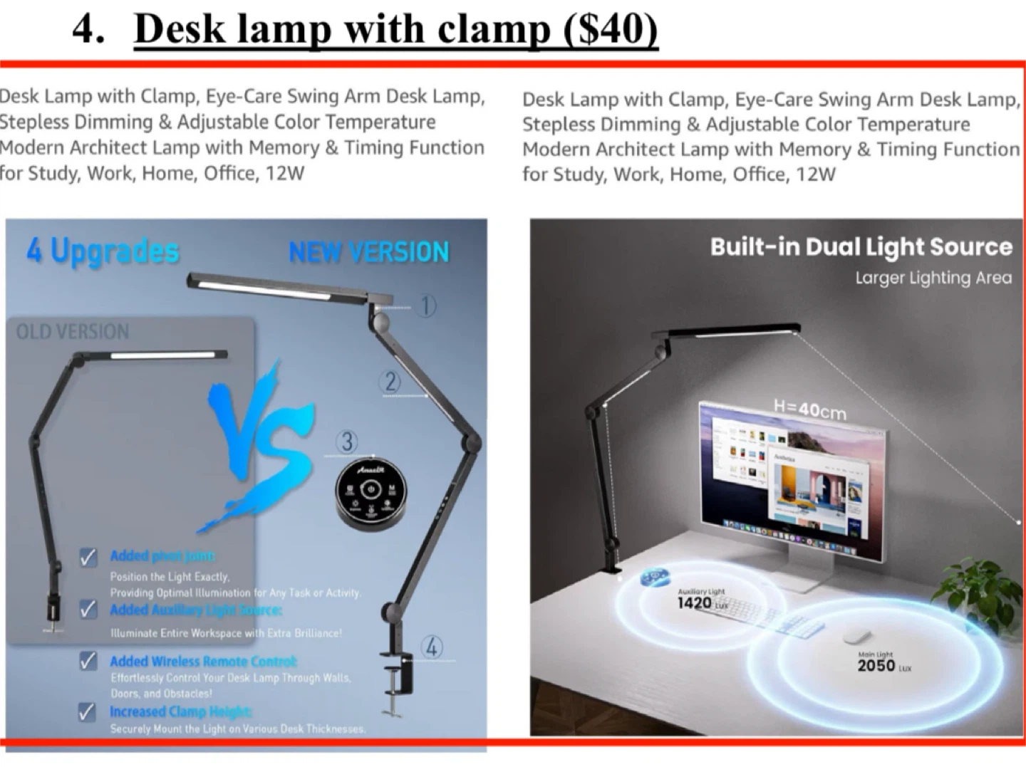 Desk Lamp with Clamp, Eye-Care Swing Arm