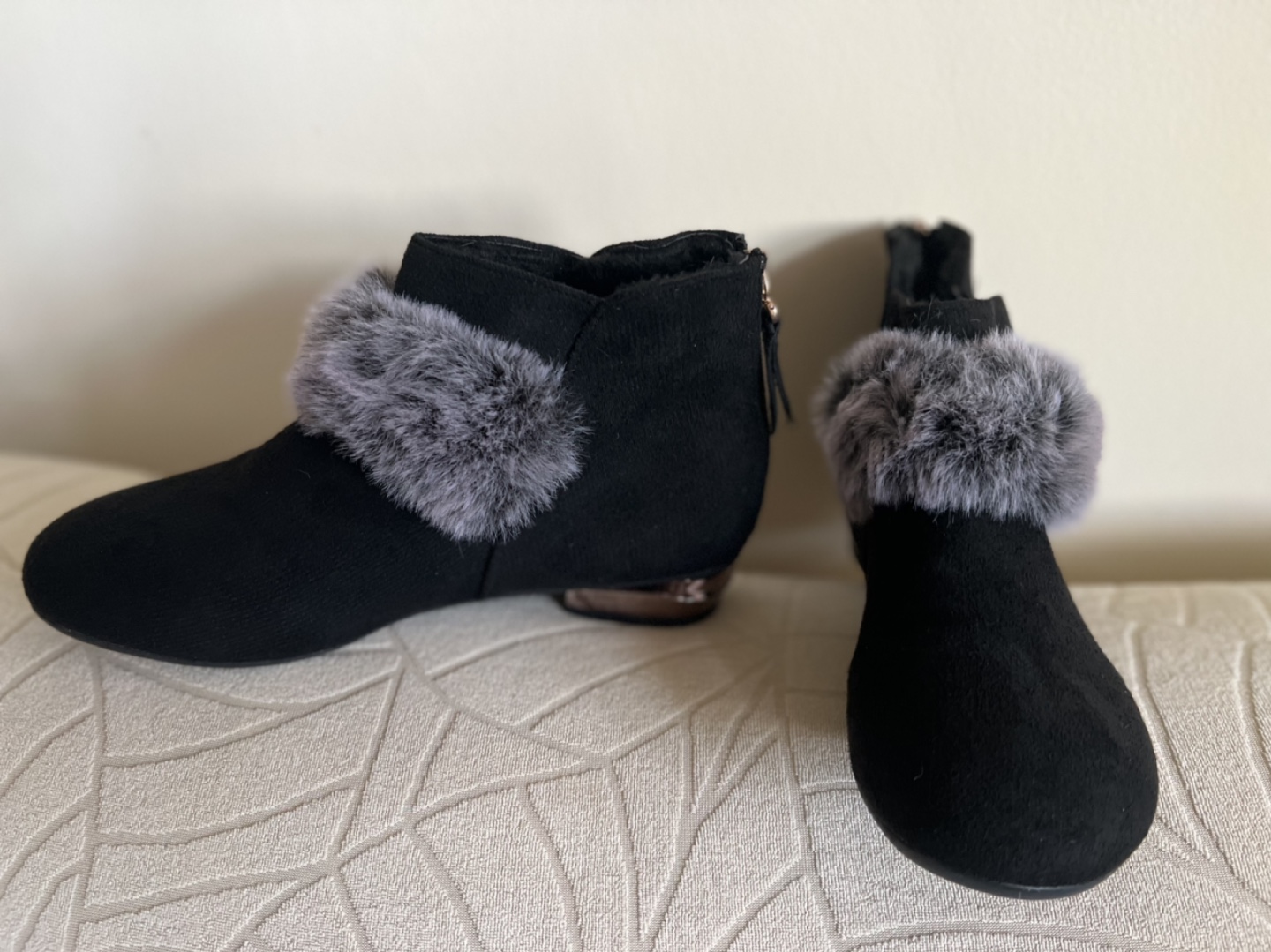 Black Ankle Boots with Faux Fur Trim-size 7