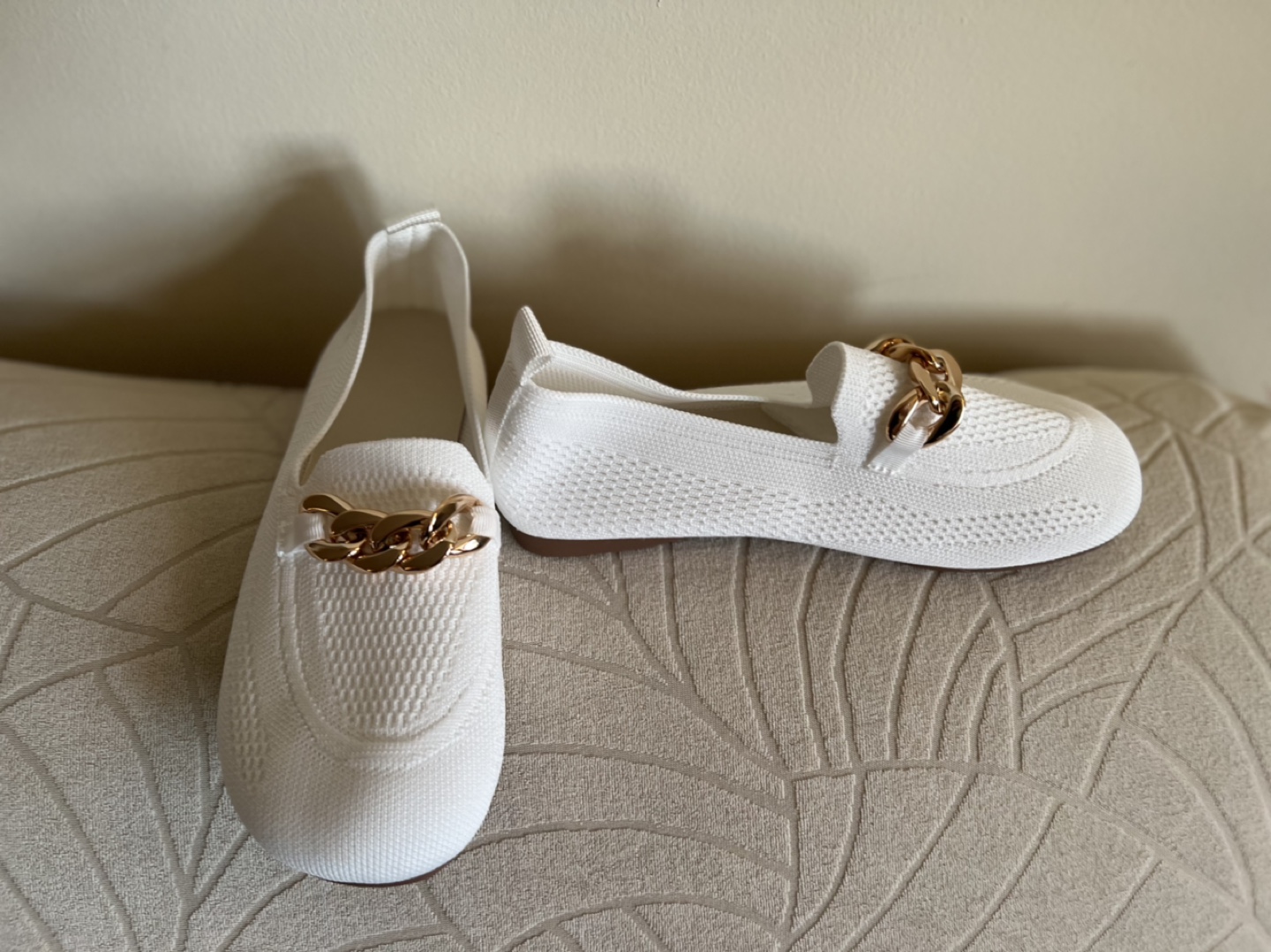 Brand New-White Knit Loafers with Gold Chain Detail