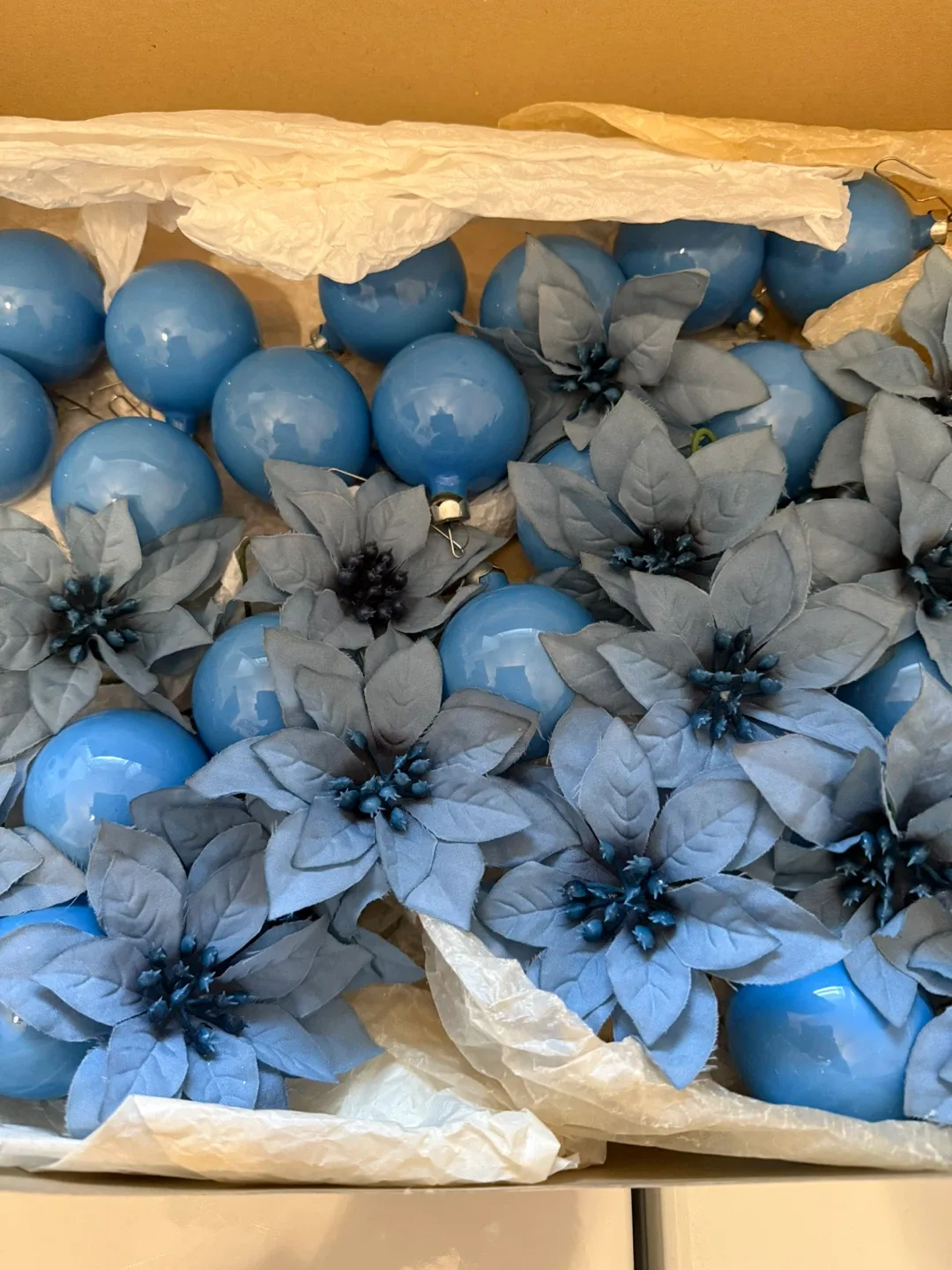 Blue Christmas Ornaments with Flowers