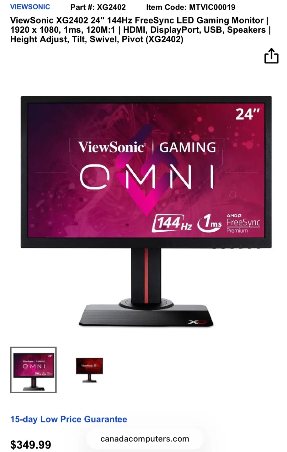 ViewSonic XG2402 24" 144Hz Gaming Monitor