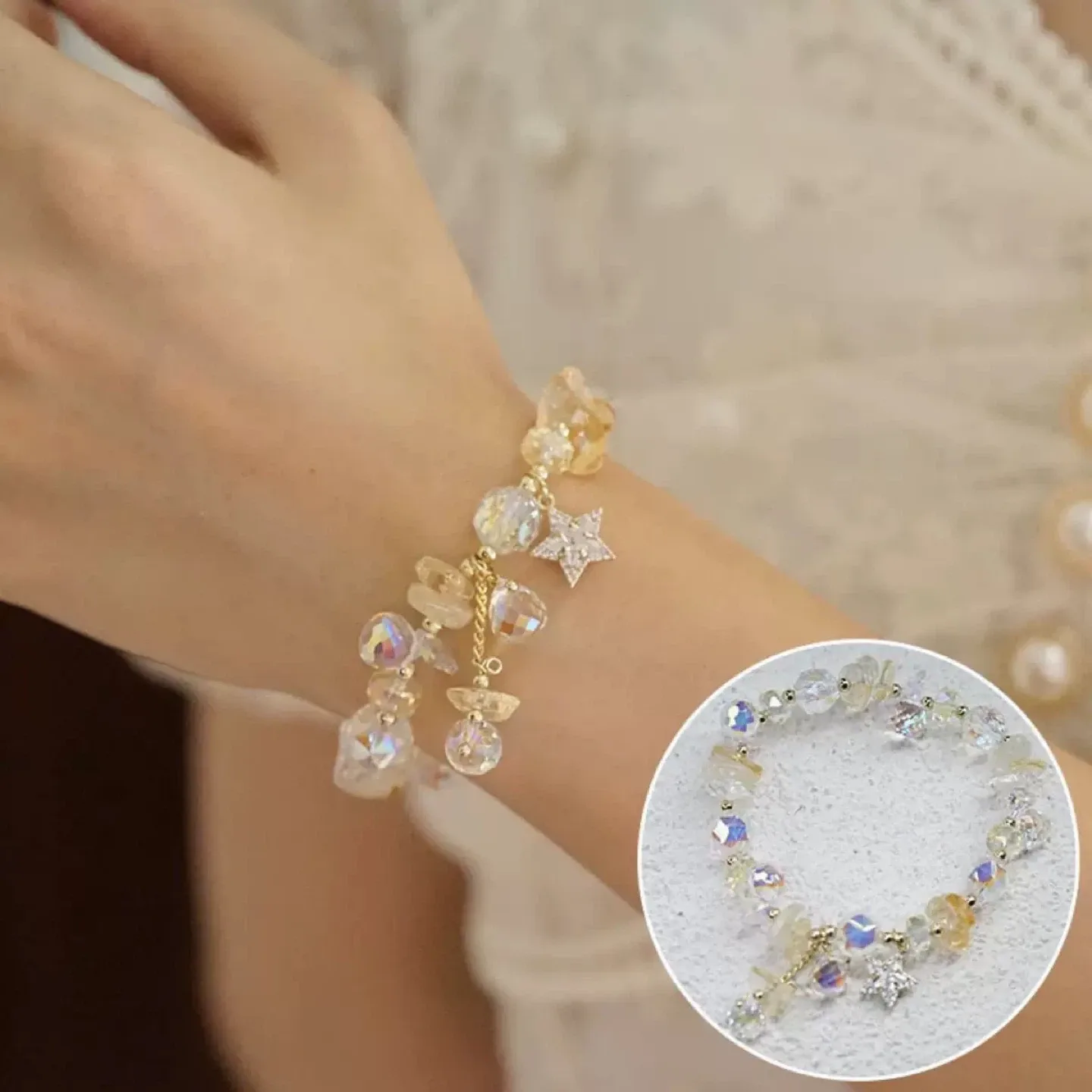 Crystal Beaded Bracelet with Star Charm Energy Stone