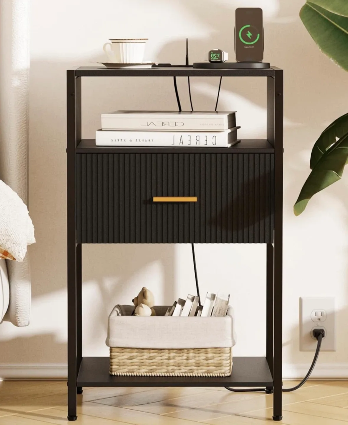 Black Nightstand with USB Ports & Outlet image indicator(9)