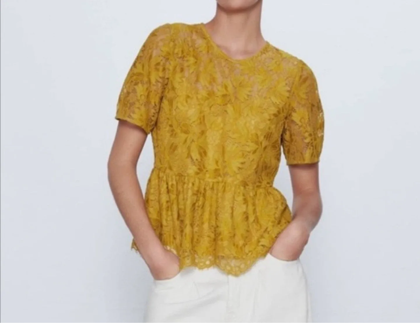 Zara Yellow Lace Peplum Top - Size XS