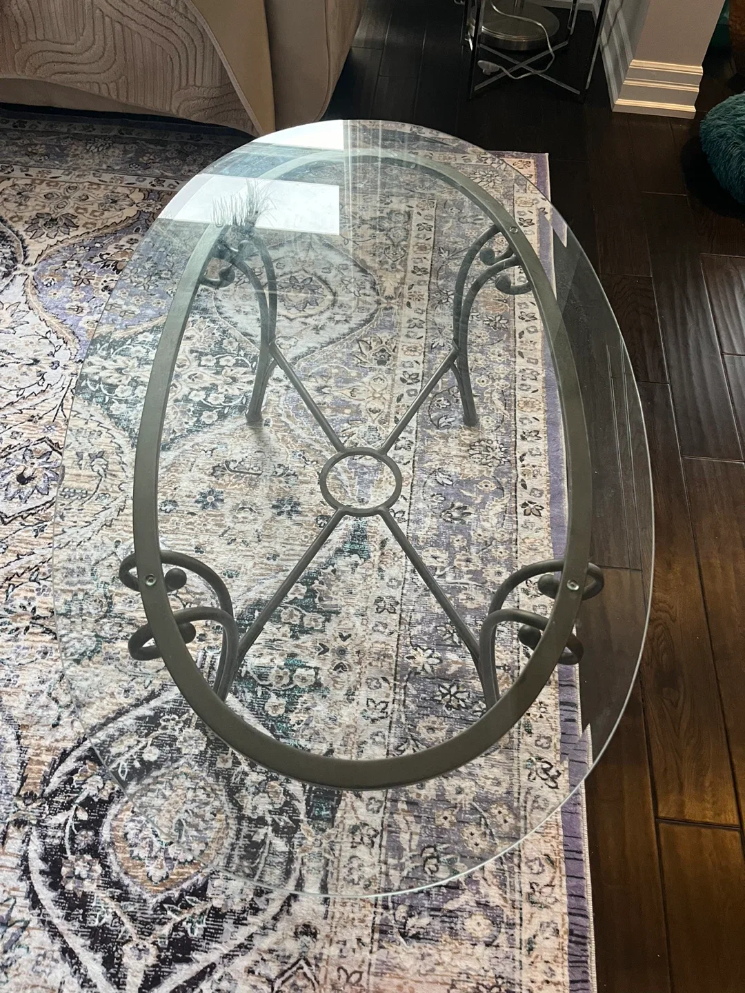 Oval Glass Coffee Table on wrought iron base