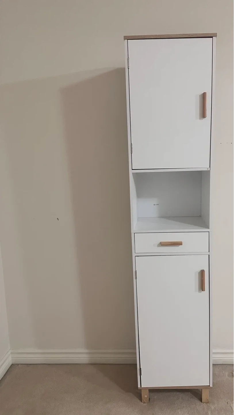 Large White Cabinet with Wooden Handles