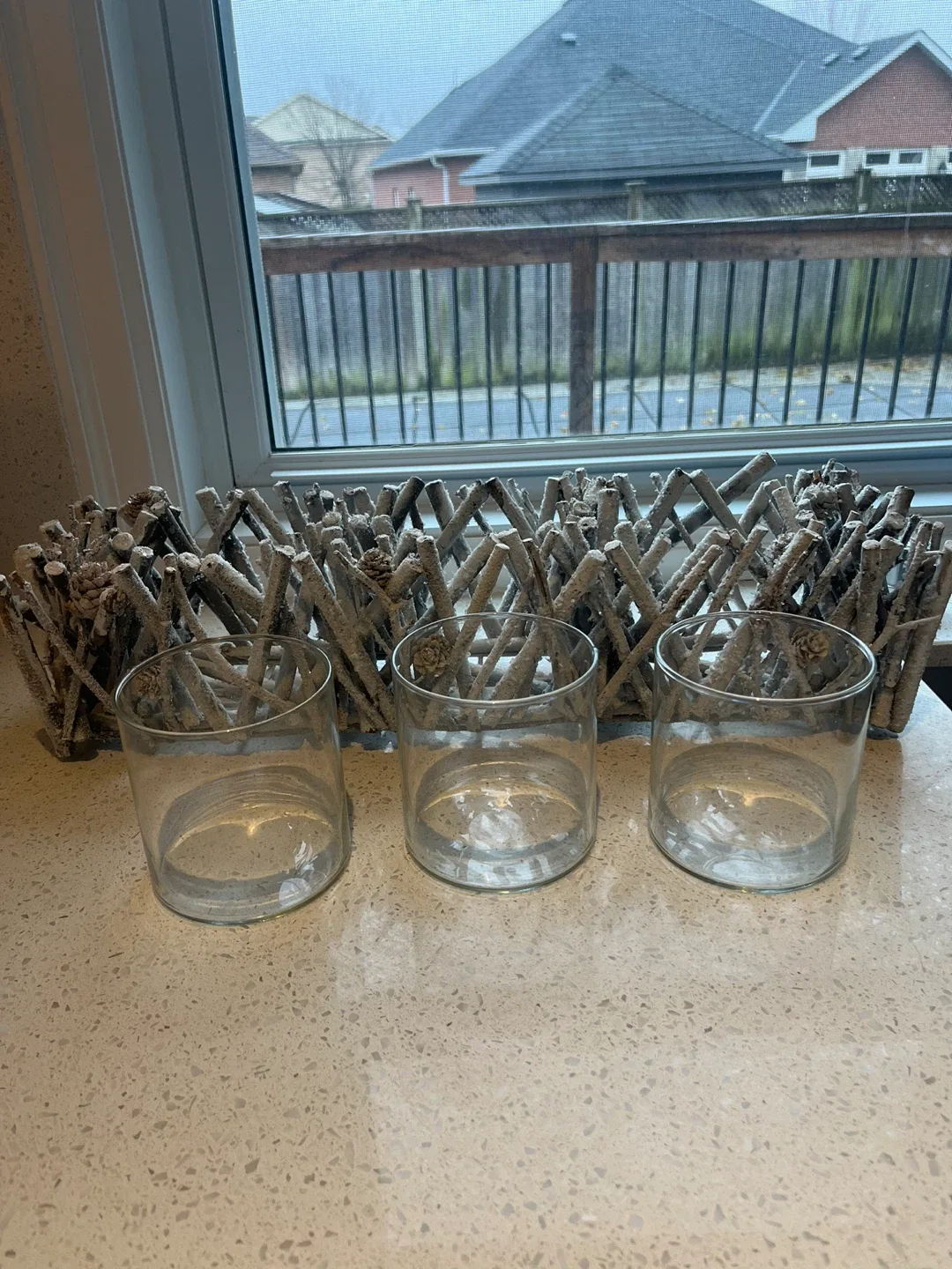 Rustic Candle Holder w/ 3 large glass holders image indicator(2)