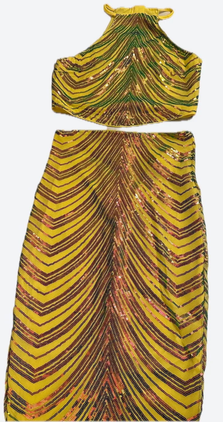 Yellow Sequin Halter Top & Skirt Set image indicator(2)