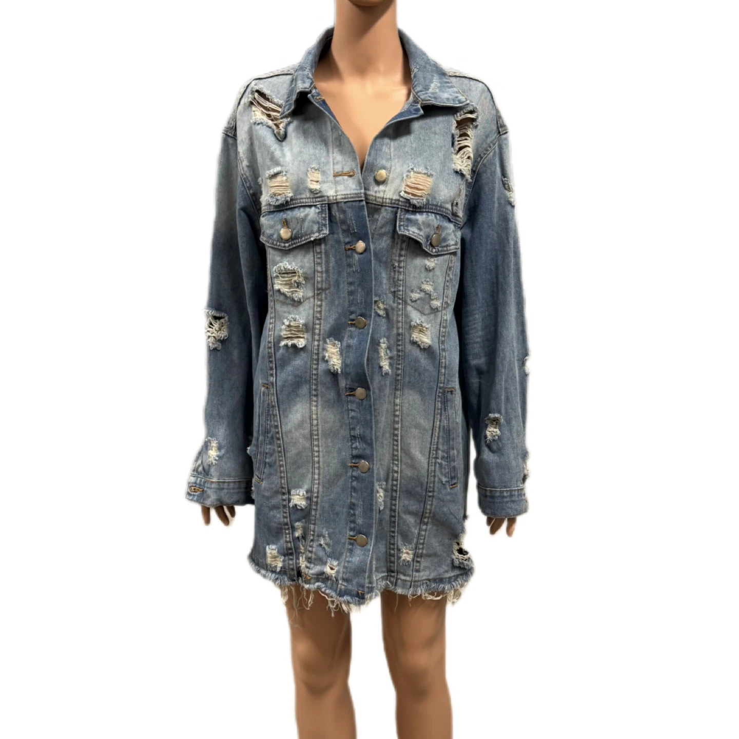 Women’s Long Distressed Denim Jacket – Like New – Size L
