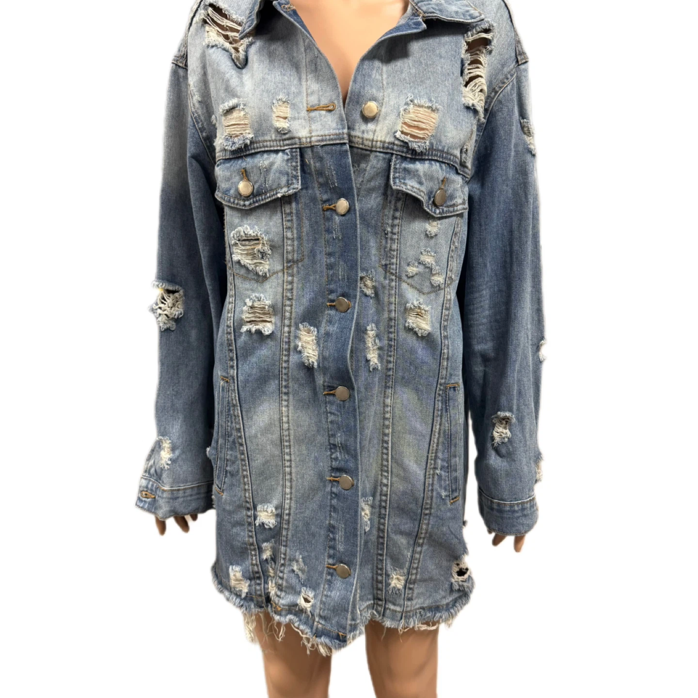 Women’s Long Distressed Denim Jacket – Like New – Size L - photo 2