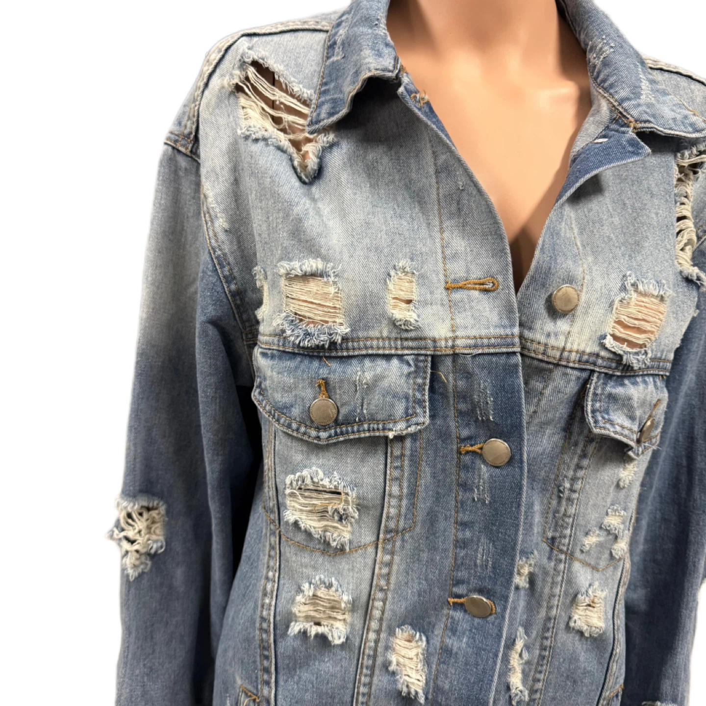 Women’s Long Distressed Denim Jacket – Like New – Size L - photo 3