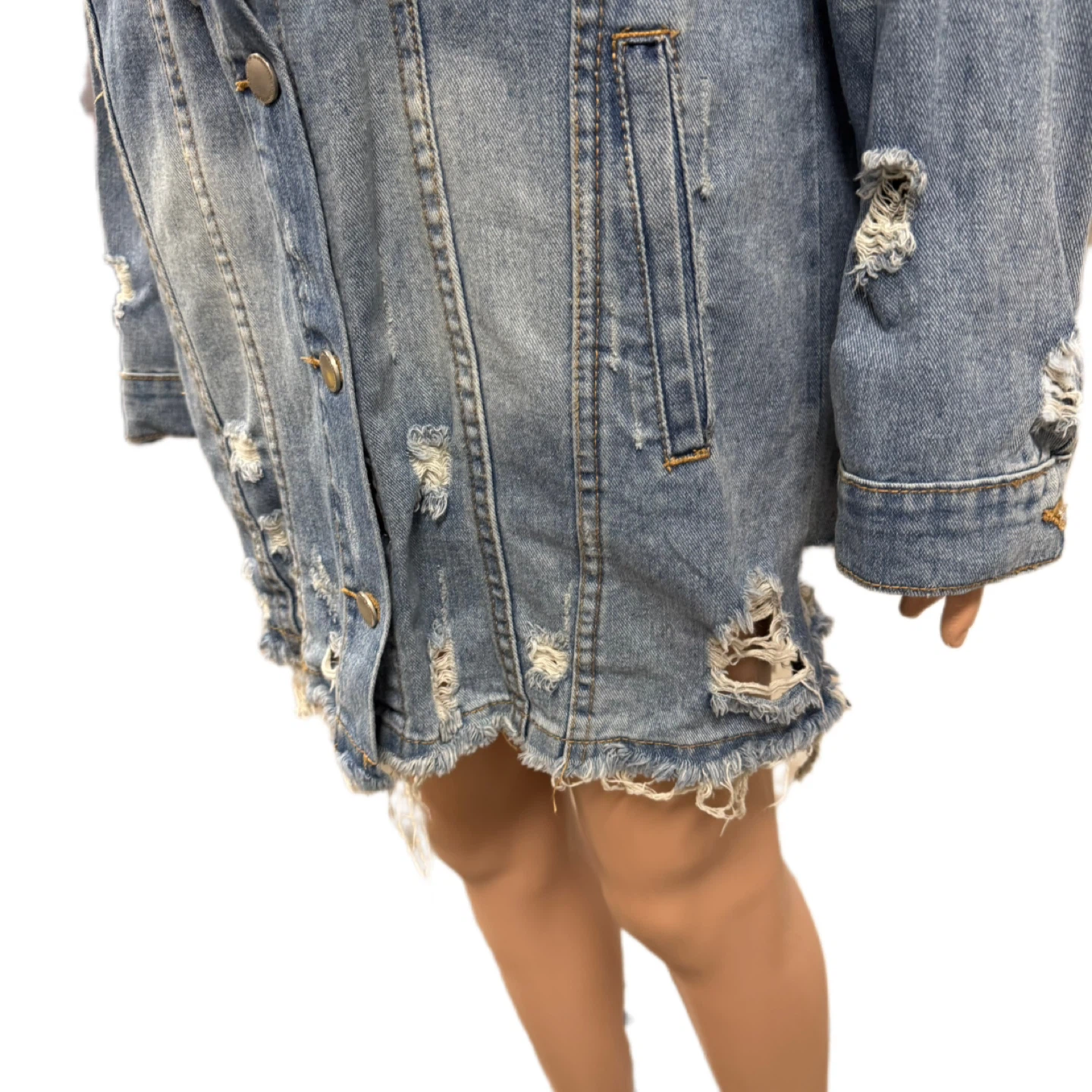 Women’s Long Distressed Denim Jacket – Like New – Size L - photo 5