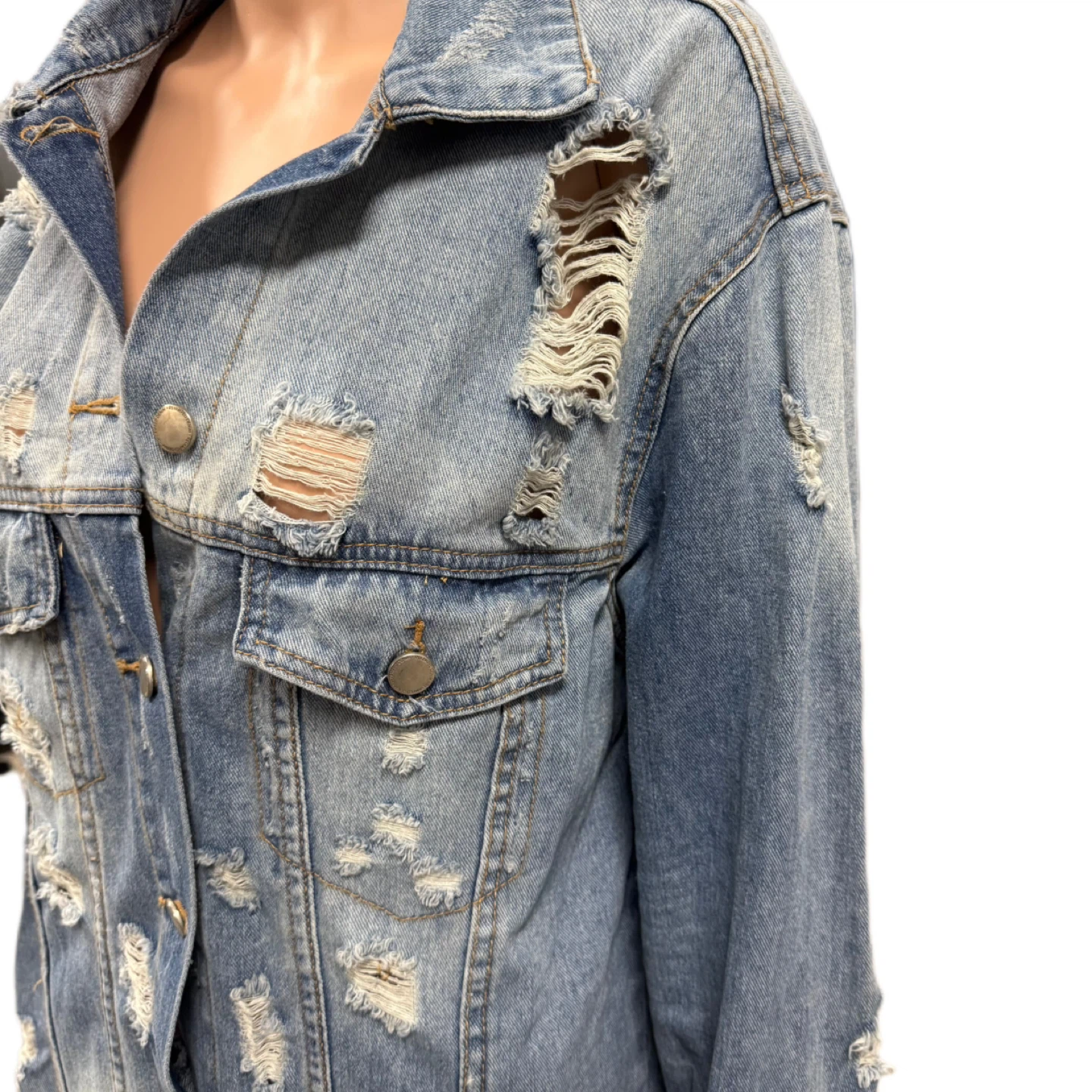 Women’s Long Distressed Denim Jacket – Like New – Size L - photo 4