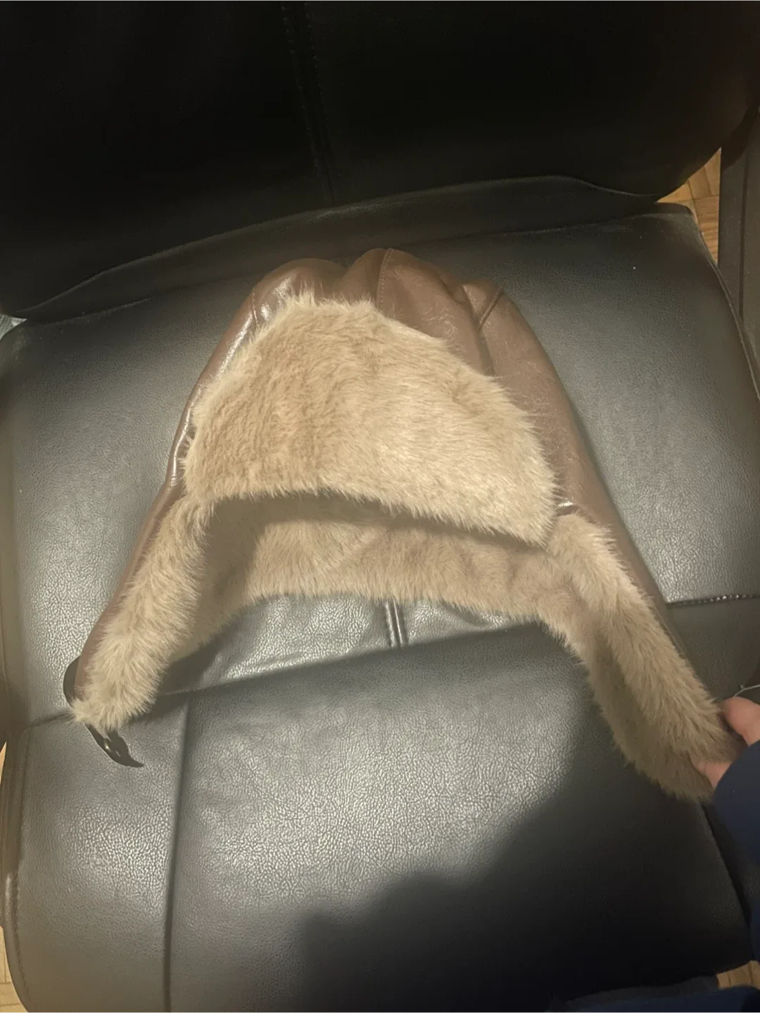 Brown Leather & Faux Fur Trapper Hat