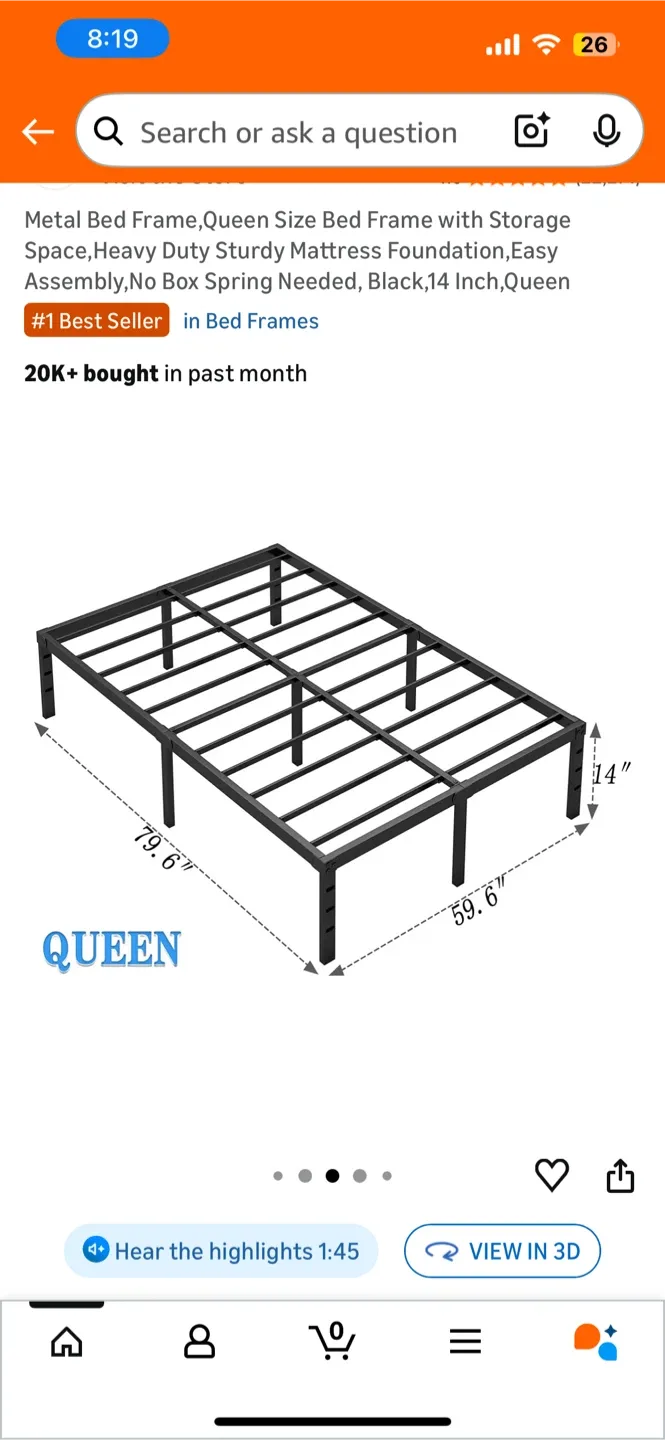 Queen Size Metal Bed Frame 14 Inch Black
