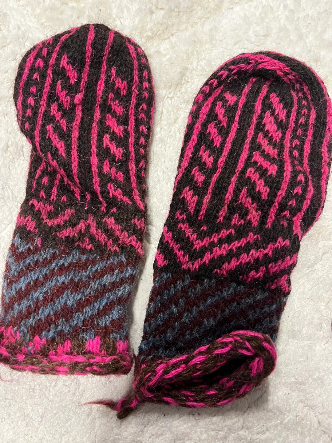 Handmade Wool Mittens - Pink, Brown, Blue