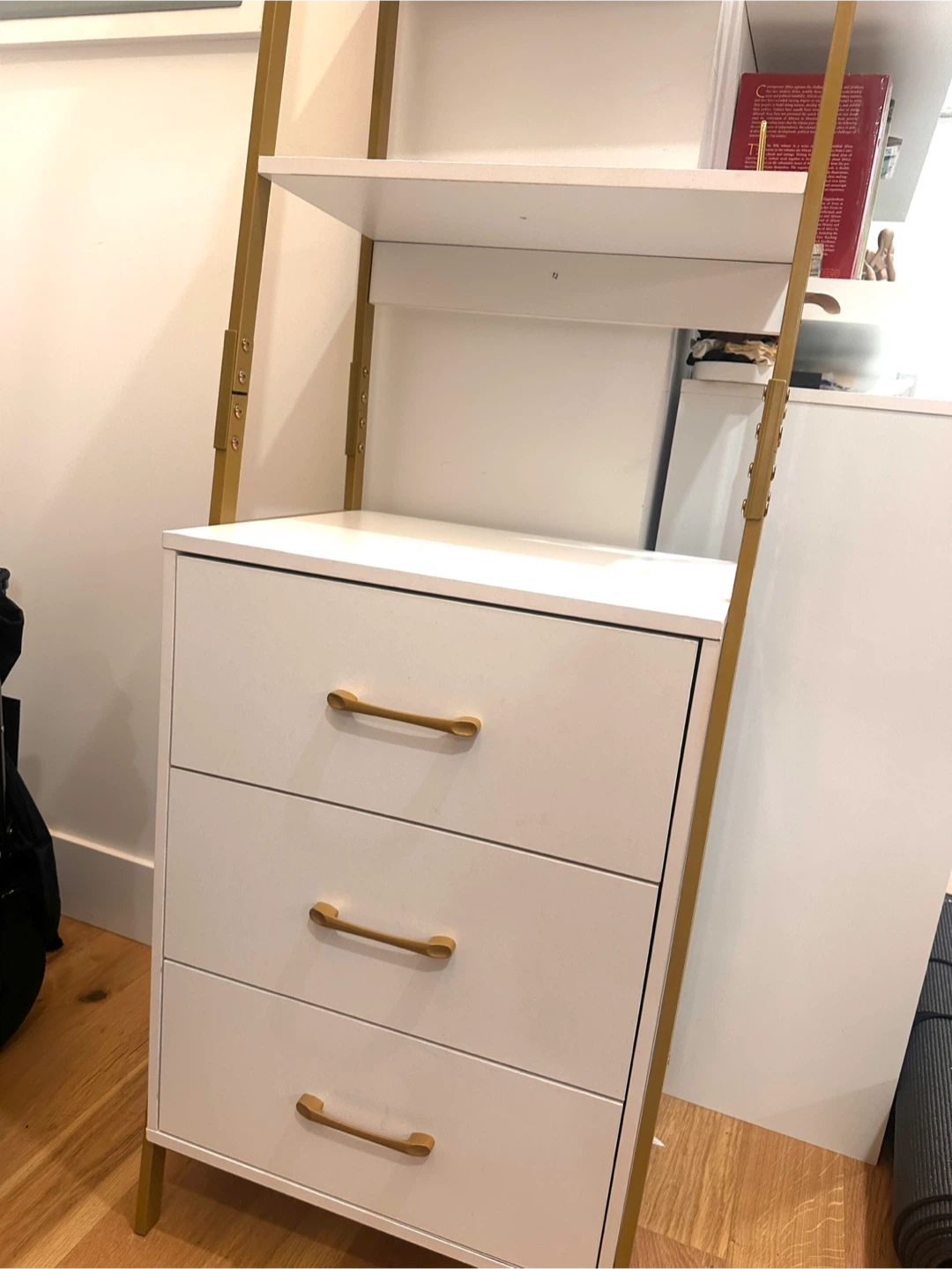 White & Gold Ladder Shelf with Drawers