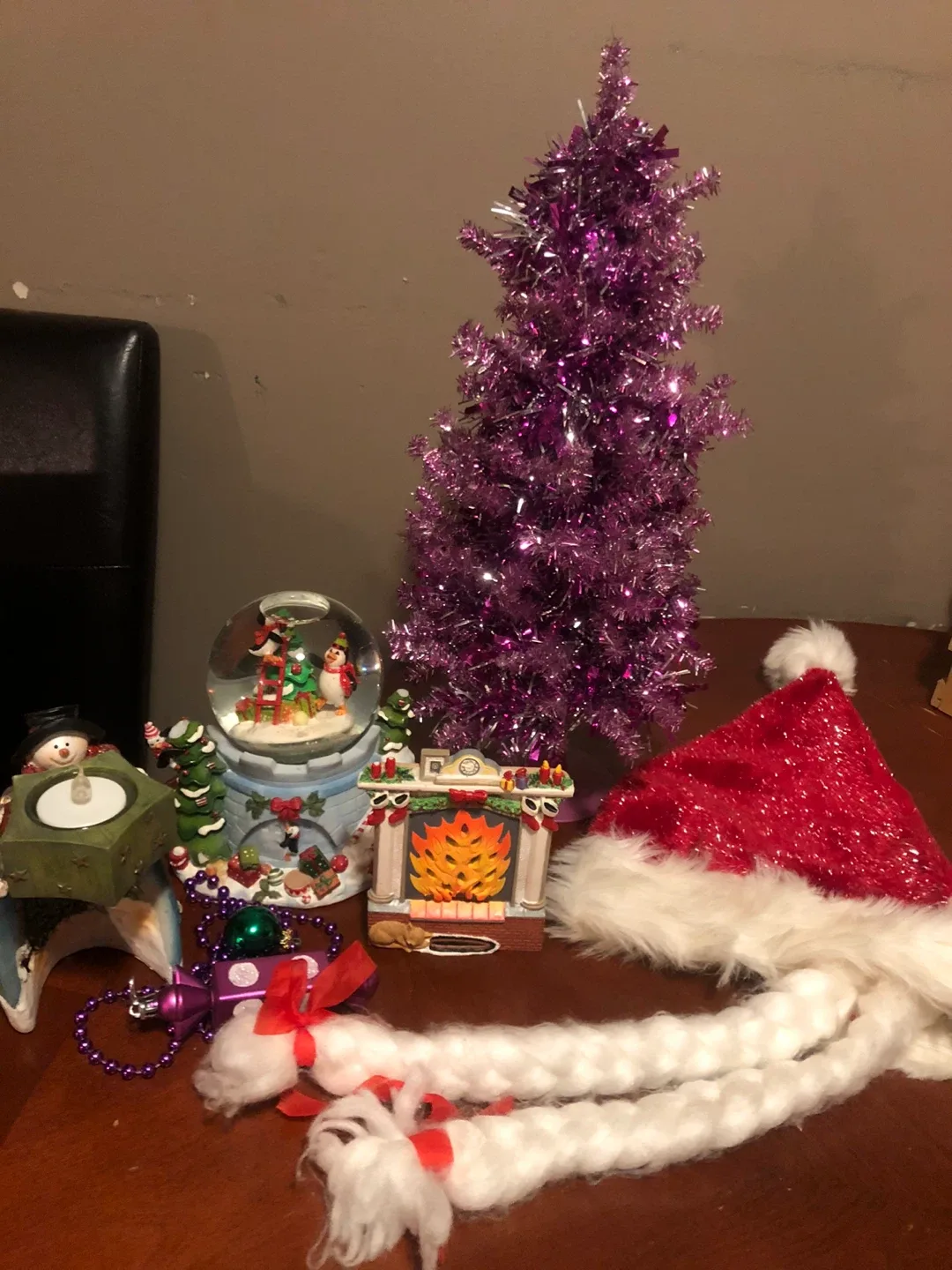 Purple Christmas Tree, Snowman Candle Holder & Decorations etc